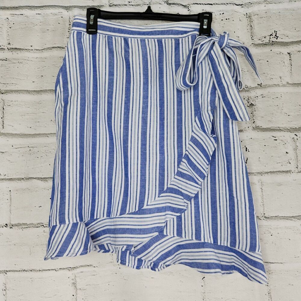 Loft Wrap Tie Knee Length Skirt Rayon Linen Blue White Striped Women's Size 8